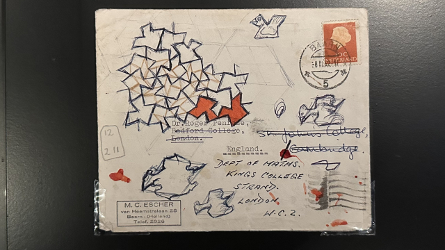 Letter from Escher to Penrose with doodles of teselations and birds