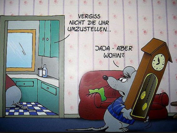 Comic von Uli Stein: "Vergiss nicht die Uhr umzustellen" – "Jaja – aber wohin?" (Maus trägt eine Standuhr)