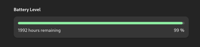 A level bar indicator labelled Battery Level. It is almost full. To the left it says 99%. To the right it says 1992 hours remaining.