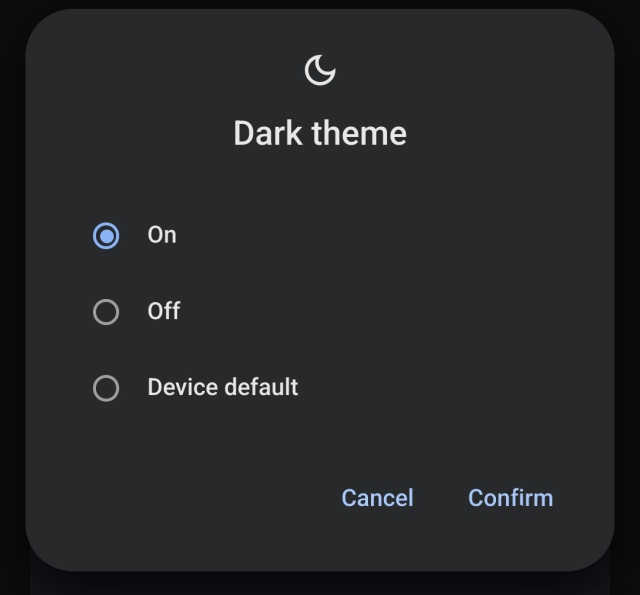 A Dark Theme settings page. It has three options: on, off, device default. 