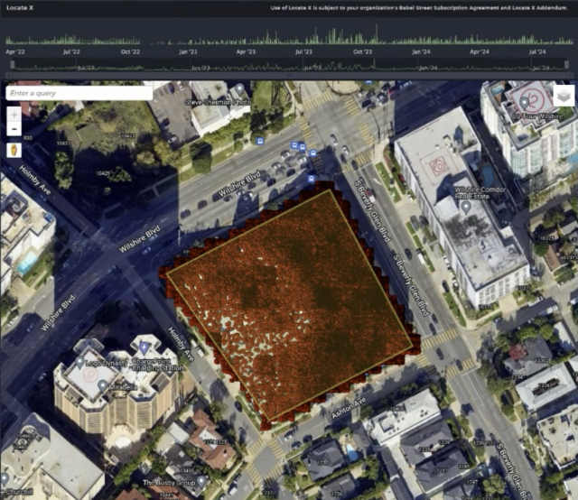 Each red dot in this Babel Street map represents a unique mobile device that has been seen since April 2022 at a Jewish synagogue in Los Angeles, Calif. The nearly square building has only a few spots inside that aren't completely covered in red dots.