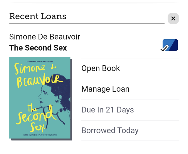 Library listing for "The Second Sex" by Simone De Beauvoir