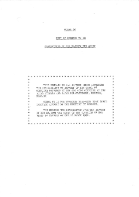 A hardcopy of the message.  "This message to all ARPANET users announces the availability on ARPANET of the Coral 66 compiler provided by the GEC 4080 computer at the Royal Signals and Radar Establishment, Malvern, England,"