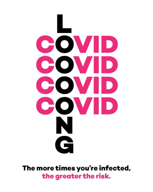 Artwork, plain white background: The word Covid repeated four times in pink, with the "O" in black. Vertically, using the black "O's" is the word "LOOOONG" in black. Beneath it reads: The more times you're infected, the greater the risk.