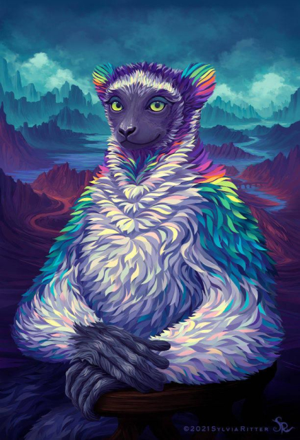 An Indri is the largest living lemur. I've painted her in front of an impressive landscape. It is sitting on a wooden chair, wearing colorful fur (rainbow & pastel) and a slight smile ;). https://www.deviantart.com/sylviaritter/art/Impish-Indri-891364196"