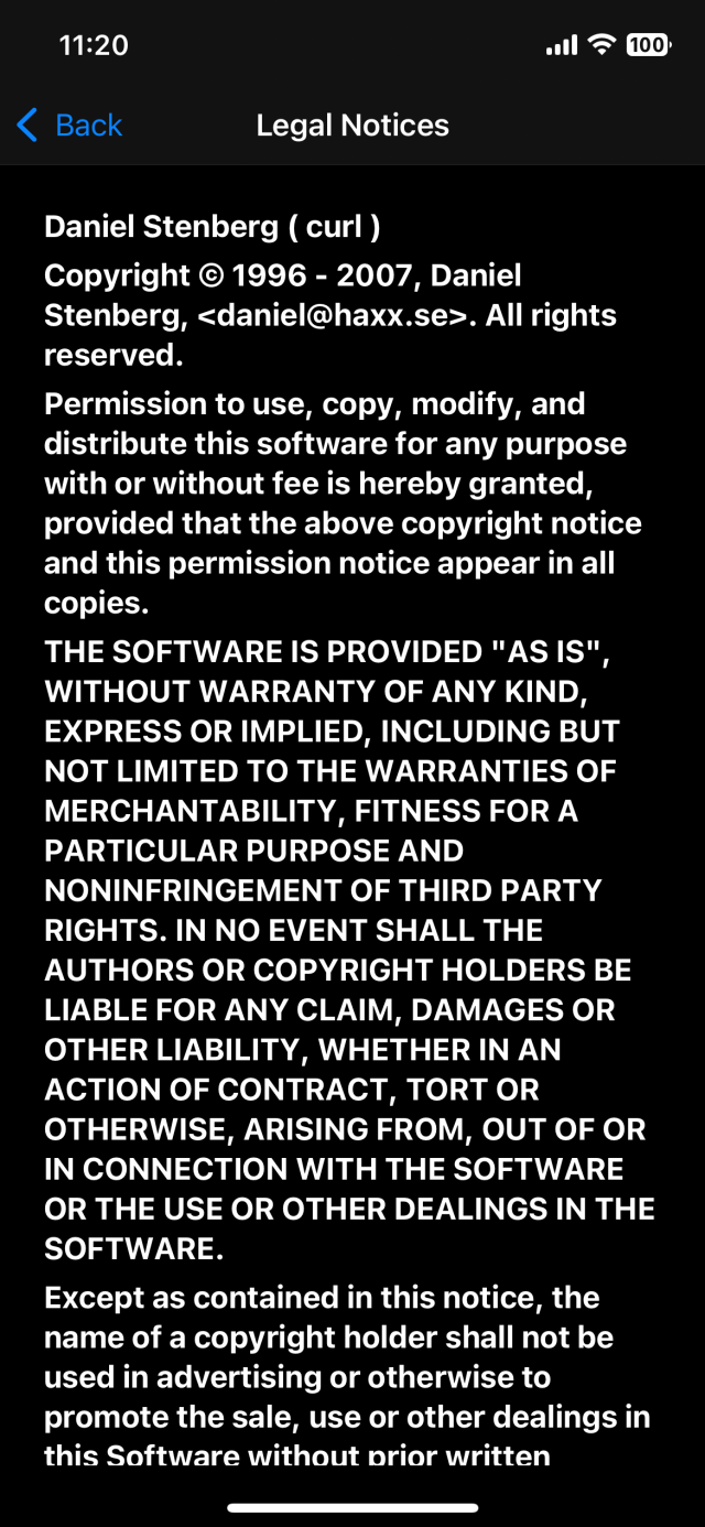 Apple legal notice showing the curl license