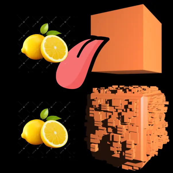 a smooth orange cube licks a lemon, and becomes greebled.

("greebling" is when you add a bunch of smaller bits to an object, to make it look more detailed, used in movies on spaceship models, for example.)