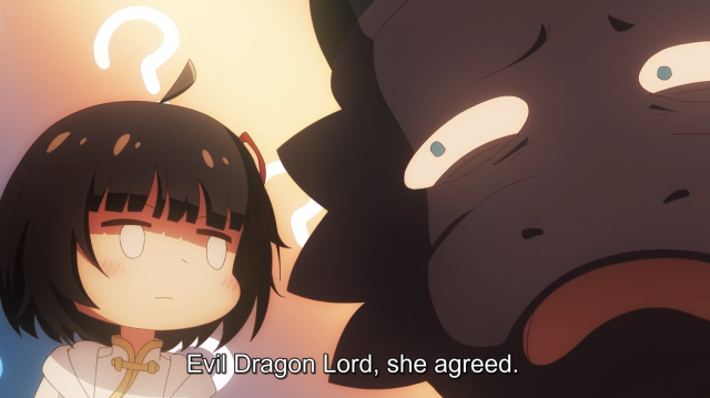 screenshot from Bilibili English subtitles of "An Herbivorous Dragon of 5000 Years Gets Unfairly Villainized" S02E02 showing the little girl Reiko talking to the Dragon. She says "Evil Dragon Lord, she agreed."