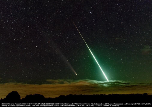 Comet C/2023A3 and a fireball seen together in northern Hungary.