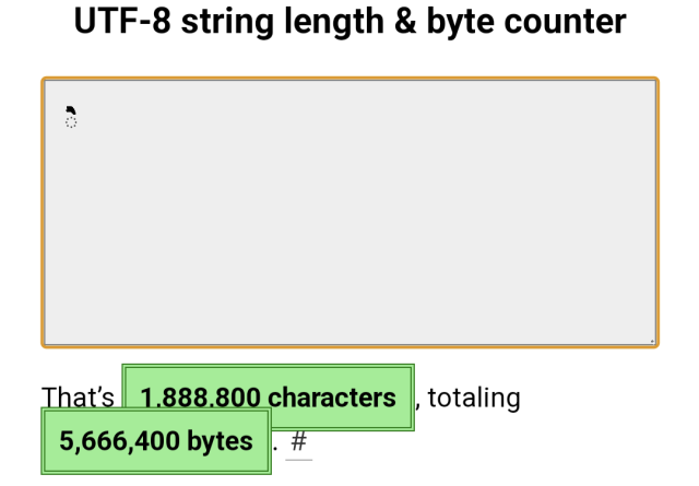 UTF-8 length and byte counter showing one glyph weighing in at 1.88 million characters and 5.66 million bytes