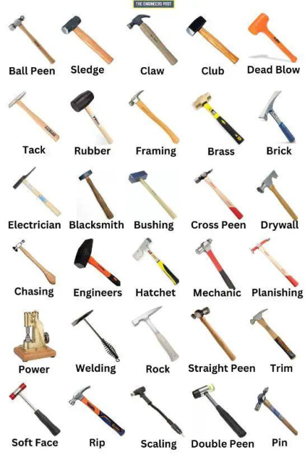 image of different hammer types, all for very specific purposes
1. ball peen
2. sledge
3. claw
4. club
5. dead blow
6. tack
7. rubber
8. framing
9. brass
10. brick
11. electrician
12. blacksmith
13. bushing
14. cross peen
15. drywall
16. chasing
17. engineers
18. hatchet
19. mechanic
20. planishing
21. power
22. welding
23. rock
24. straight peen
25. trim
26. soft face
27. rip
28. scaling
29. double peen
30. pin