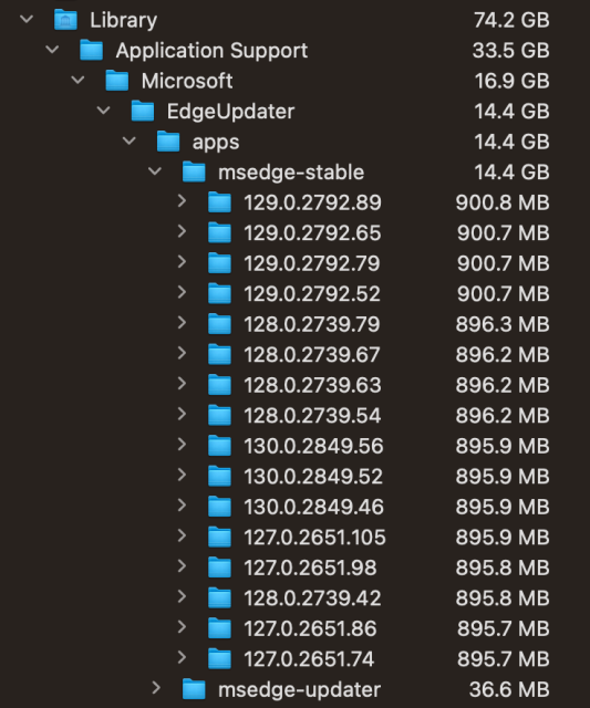 Disk Inventory X output
~/Library/Application Support/Microsoft/EdgeUpdater/apps/msedge-stable has 16 versions there, each with around 900MB of disk used.