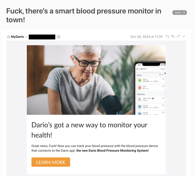 A screenshot of an email with the subject line "Fuck, there’s a smart blood pressure monitor in town!"