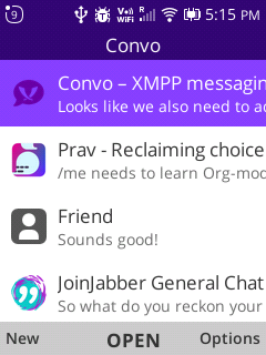 Screenshot of the Convo app running on KaiOS, listing various open conversations.

Visible chats (with truncated titles) are: Convo - XMPP messaging; Prav - Reclaiming choice, and Friend; JoinJabber General Chat.