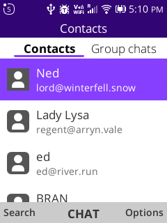 New chat screen on Convo, showing tabs for "Contacts" and "Group chats".

To avoid exposing actual contacts' names without their consent, the names in this screenshot are modified to the fictional "Ned", "Lad Lysa", "ed" and "BRAN"