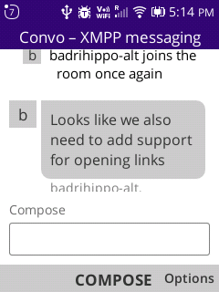 Screenshot of an open conversation in Convo. The conversation so far is the action "badrihippo-alt joins the room once again" followed by a message saying "Looks like we also need to add support for opening links". A profile picture is shown next to the actions and message bubbles, but in this case that "picture" is just an alphabet