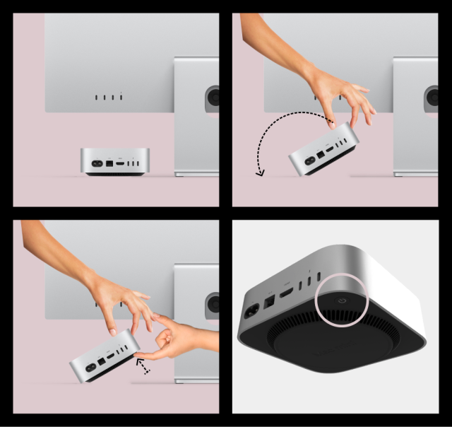 A comic with four panels:
1. Mac mini standing on a desk
2. One hand pulls it 30° sideways
3. Second hand finds power button on the bottom of it
4. Official 3D model of Mac mini, view from the bottom, power button circled