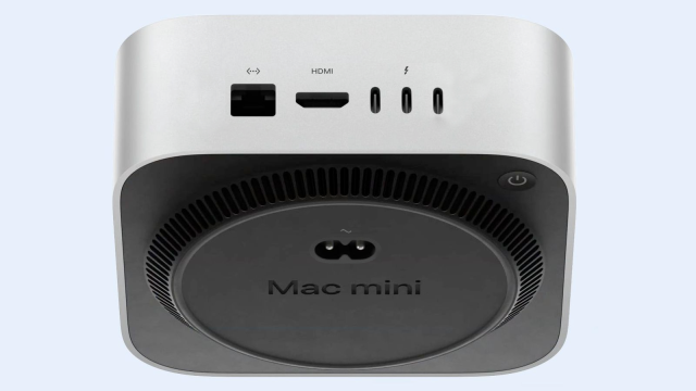 New Mac Mini 2024 model, showing the underside and back, but the AC power outlet is on the underside panel.