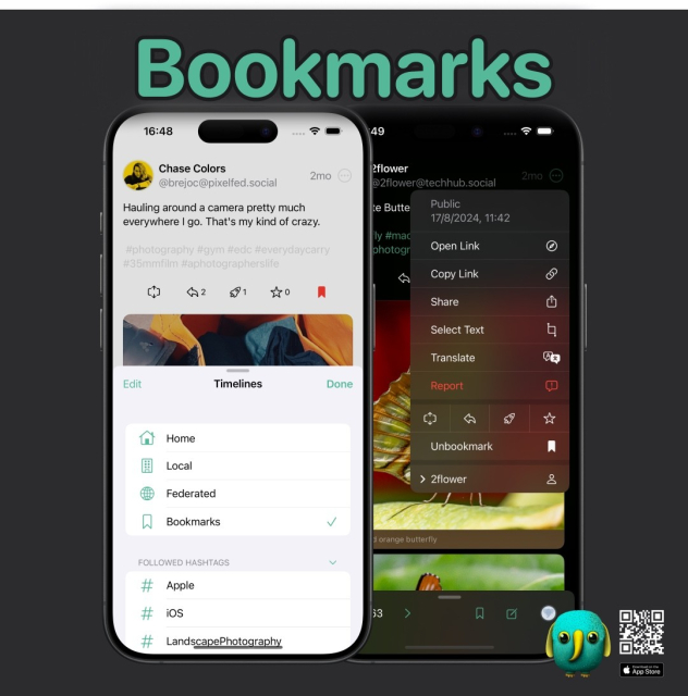 Preview of bookmarks feature in Pipilo. There is a dedicated timeline to view all bookmarks and an action in post context menu to toggle bookmark state.