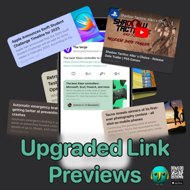 Preview of redesigned link previews feature in Pipilo. The updated link previews now include inline YouTube player, short summaries, author profile links and colored backgrounds.