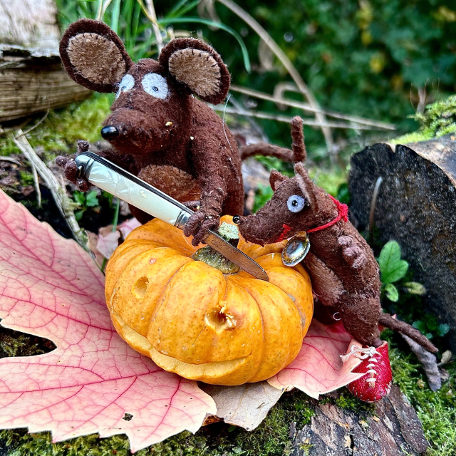 Photo of Minimus and Silvius, the Latin mice, standing on a fallen vine leaf. Minimus is carving a face into a tiny pumpkin with a little penknife. Silvius is watching him very closely, hoping to be allowed to have a go with the knife