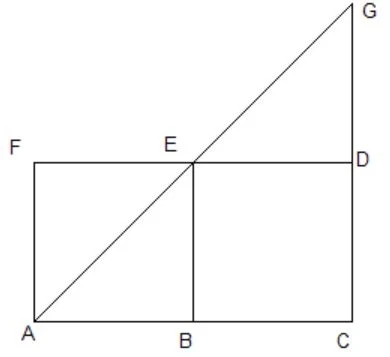 Two squares side by side 

F.E.D
A.B.C

have the same area as the right triangle

.......G
....E.D
A.B.C



