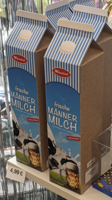 A novelty joke product that looks like a carton of milk, with pinstripes and a cow, except it's labelled "fresh man milk".  Amazingly, the joke is supposed to be that milk for men is beer.  I have no idea whether the additional layer of getting down with the boys to drink "fresh man milk" is a deliberate innuendo or accidental.