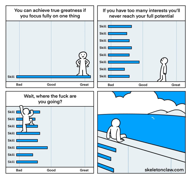 La primera viñeta dice: "You can achieve the true greatness if you focus on one thing" (Vemos a una persona subida en una gráfica en la que se ve el progreso de una habilidad que marca "great"). 
La segunda viñeta dice "If you have too many interests you'll never reach your full potential" (La persona mira desde el suelo a la gráfica en la que se ven los progresos de diferentes habilidades entre "bad" y "good")
La tercera viñeta dice "Wait, where the fuck are you going?" (La persona trepa por las barras de progreso horizontales como si fueran los travesaños de una escalera de mano) 
En la cuarta viñeta le vemos sentado encima de la gráfica mirando el horizonte con el mar.