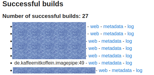 screenshot of the fdroid status page indicating that imagepipe is among the successful builds. Other app names are obfuscated. 