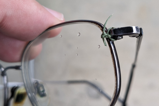 A blade of slightly dried, but no less stable, grass, holding the lens in a pair of eyeglasses.