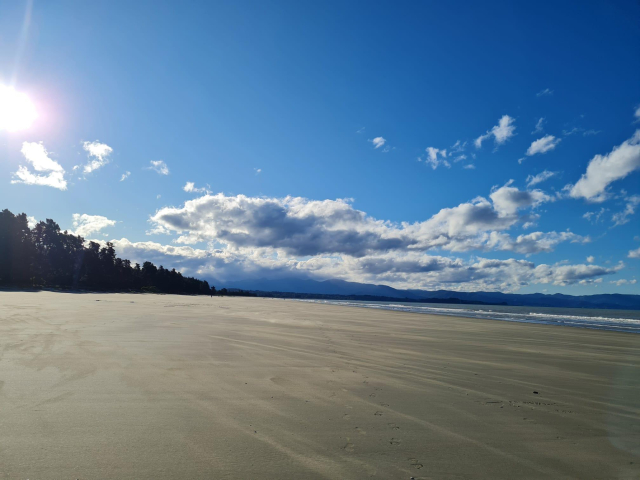 You're looking at a spectacular flat yellow/brown sand beach at almost full low tide. There's a massive expanse of sand in the foreground that feels quite coarse underfoot. To the left you can see a treeline of pine trees going into the distance. To the right is blue water and overhead is a stunning late spring evening blue sky with the odd fluffy picturesque cloud. In the far distance is a mountain range because this is New Zealand and those suckers sneak up on you. 