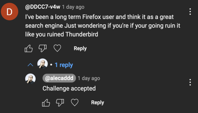 Screenshot of youtube comment criticizing Thunderbird and Firefox