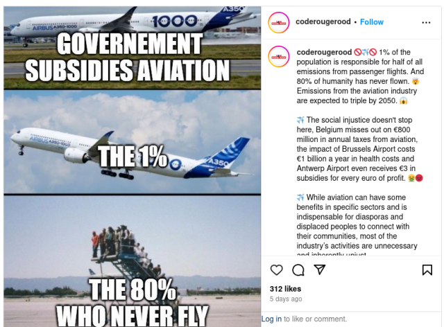 Screenshot d'un post Instagram du collectif Code Rouge avec 3 images. La première montre un avion au sol avec le slogan "Government subsidies aviation". Le deuxième montre le même avian au décollage, avec la légende "The 1%". La troisième montre une rampe d'embarquement d'aéroport remplie de personnes attendant un avion qui n'est pas là. La légende est "the 80% who never fly".
Le texte à droite précise : "1% of the population is responsible for half of all emissions from passenger flights. And 80% of humanity has never flown. Emissions from the aviation industry are expected to triple by 2050.
The Social injustice doesn't stop here. Belgium misses out on €800 million in annual taxes from aviation, the impact of Brussels Airport costs €1 billion a year in health costs and Antwerp Airport even receives €3 in subsidies for every euro of profit.
…