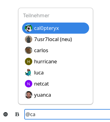 A message input with a popover showing a list of group chat participants which can be mentioned. The message input contains "@ca", which triggers a popover with group chat participants filtered by "ca".