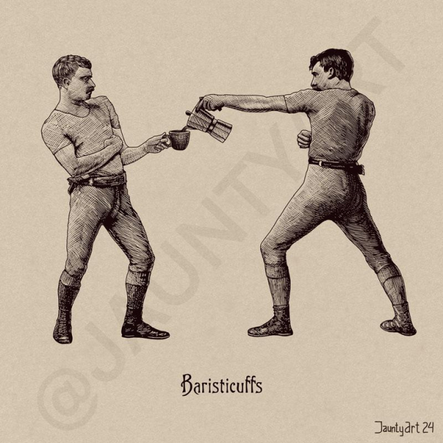 Victorian era etching illustration portraying two pugilist boxers. One boxer is holding a metal coffee cafetière and pouring the other a coffee into his large flowery mug