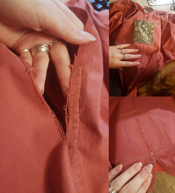 Three photos displaying a tear in a red skirt, the patch put on the wrong side of the tear, and the machine stitching on the right side holding the patch down. The tear is at the pocket slit, and while the seam itself has perfect integrity, the fabric itself has torn a good hand's width down. The patch is a bit of green fabric with flowers, from another sewing project, the edge cut with pinking shears. The topstitching from the right side is done with a colour gradient thread going between blue, gold and red, with blends in between. There is the paws and edge of the face of a ginger cat in one frame, as the cat assists.