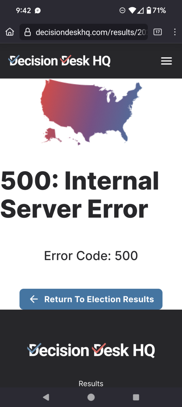 A screenshot of a DecisionDeskHQ forecast that reads 500 Internal Server Error