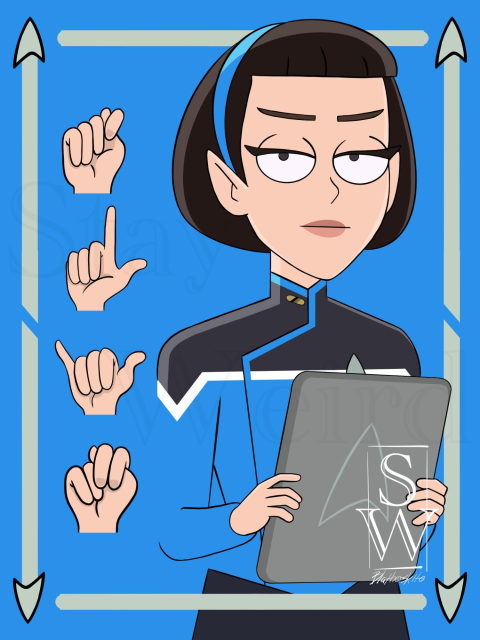 Star Trek Lower Decks art from fan artist Blatherskite/The Orion, @gettheorion.bsky.social. The art is depicting the Vulcan, T'Lyn. She has her logical Vulcan expression. To the left is her name spelled out using American Sign Language.