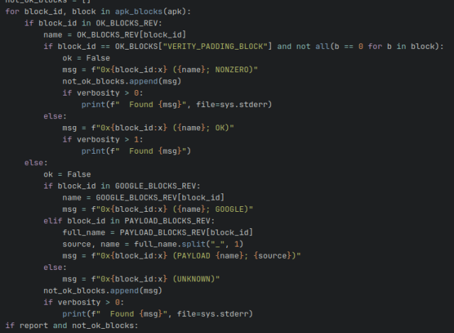 screenshot from a part of IzzyOnDroid's code to check for signing blocks, also covering "unknown" blocks should they appear so they can be investigated