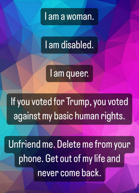 "| am a woman. I am disabled. I am queer. If you voted for Trump, you voted against my basic human rights. Unfriend me. Delete me from your phone. Get out of my life and never come back."