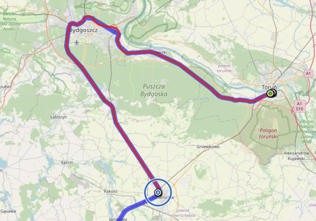 A screenshot of a map with a trail between Toruń and Inowrocław via Bydgoszcz while there clearly is a more direct path.