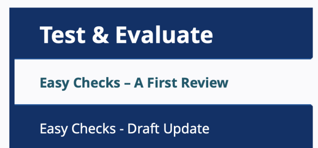 Navigation of the W3C/WAI website, Test & Evaluate section. Marked as the current page is “Easy Checks – A First Review” and below it it’s “Easy Checks - Draft Update“. The former has an en dash and the latter a hyphen.