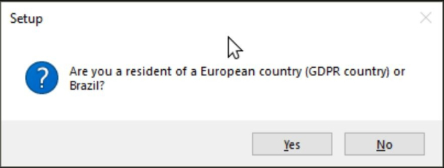 Software pop-up box

Setup

Are you a resident of a European country (GDPR country) or Brazil?

YES/NO