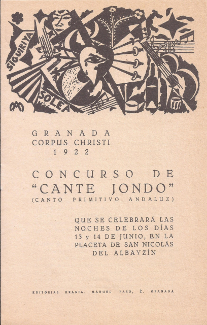 Cartel del Primer Concurso de Cante Jondo, donde vemos, bajo una ilustración vanguardista, la información sobre el evento, que se celebró el 14 y 15 de junio de 1922 en el Albayzín (escrito así). Universo Lorca.