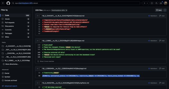 ipsw diff search redult hints at inactivity reboot