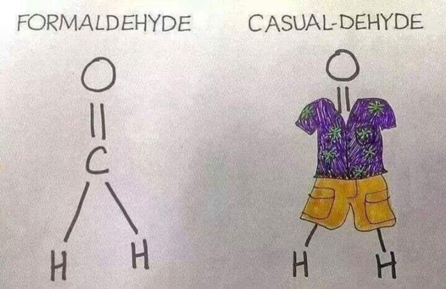 A diagram depicting a molecule labeled “FORMALDEHYDE” has an Oxygen atom connected by double bonds to a Carbon atom which in turn is connected to two Hydrogen atoms. The diagram resembles a stick figure without arms. 

A second diagram showing the stick figure dressed in cargo shorts and floral shirt is labeled “CASUAL-DEHYDE”