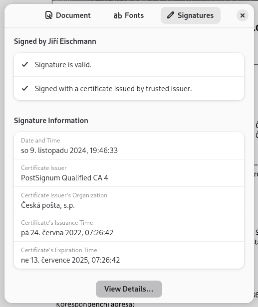 A window with details about a certificate which was used to sign the document.