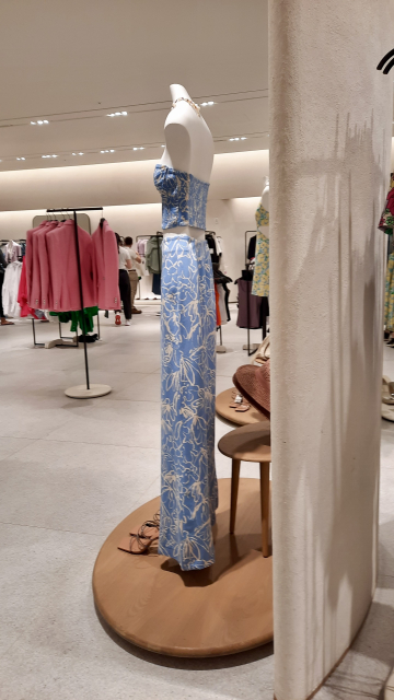 A mannequin in the women's clothing section of a department store. Beyond, clothes on racks and a few distant customers. The mannequin purports to be a woman's body. It has no head, of course. The 'body' is barely centimetres wide, a stick figure, a tall pencil of a 'woman'. The white mannequin is wearing a necklace below it's no-head and is modelling a strapless bustier and a long blue summer skirt. It has no shape or curves. It is we-are-worried-about-your-health skinny, but supposed to be inspirational and aspirational. They are designing women's mainstream clothing to fit unrealistically skinny bodies like this.