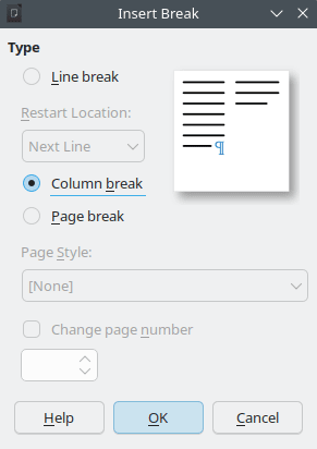 Screenshot of "Insert Break" dialog showing visual preview of column break