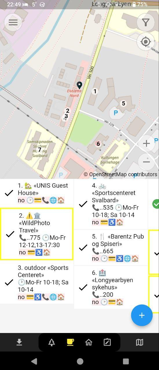 Zoomed in town on Spitsbergen in Every Door amenities mode. Visible are multiple restaurants, shops, and hotels. E.g. sports centre Svalbard.